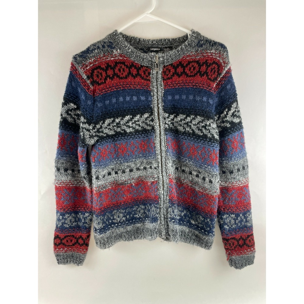 Tangents Sweater Women's S Gray Blue Red Fair Isle Full Zip Cardigan Wool Blend